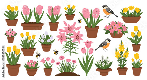 Vibrant collection of potted spring flowers including tulips, lilies, and hyacinths with birds and bees flying around the garden scene.