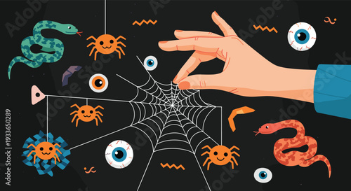 Creepy Halloween scene featuring a human hand reaching for a spiderweb surrounded by spiders, snakes, eyeballs, and a flying bat at night.