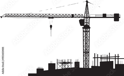 Black silhouette of a construction crane and building site