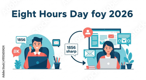 Remote work concept with eight hours day for 2026 business people using laptops and phones in modern office environment with digital communication