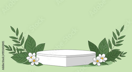 Minimalist white podium or product display stand surrounded by lush green leaves and small white flowers on a soft light green background.