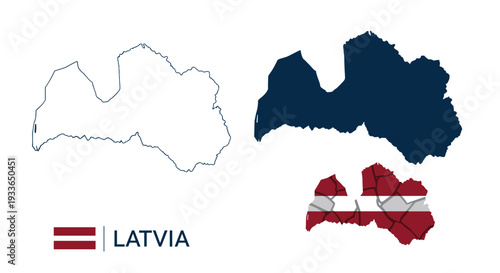 Geographical map of Latvia shown in three different styles including simple outline, solid blue, and national flag pattern with name.