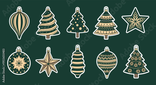 Decorative set of Christmas ornament stickers with green and gold designs of holiday trees, stars, and various festive baubles on dark.