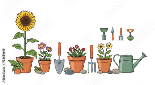Potted garden flowers including a tall sunflower and daisies along with various hand tools, stones, and a green watering can on white.