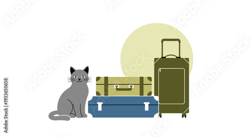 Simple illustration of a calm gray cat sitting next to a stack of blue and green travel suitcases and an upright luggage bag for trips.