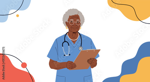 Professional portrait of a senior female doctor of African descent in blue scrubs with a stethoscope and clipboard against abstract shapes.