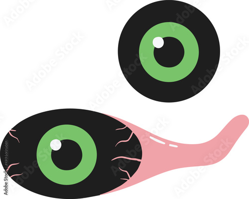 Halloween creepy eyeball vector illustration with detached eye and optic nerve isolated on white background cartoon style