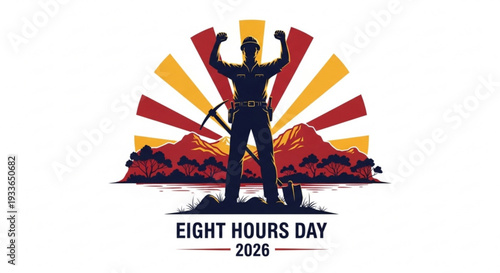Worker celebrating eight hours day 2026 with raised fists against vibrant red and orange mountainous landscape