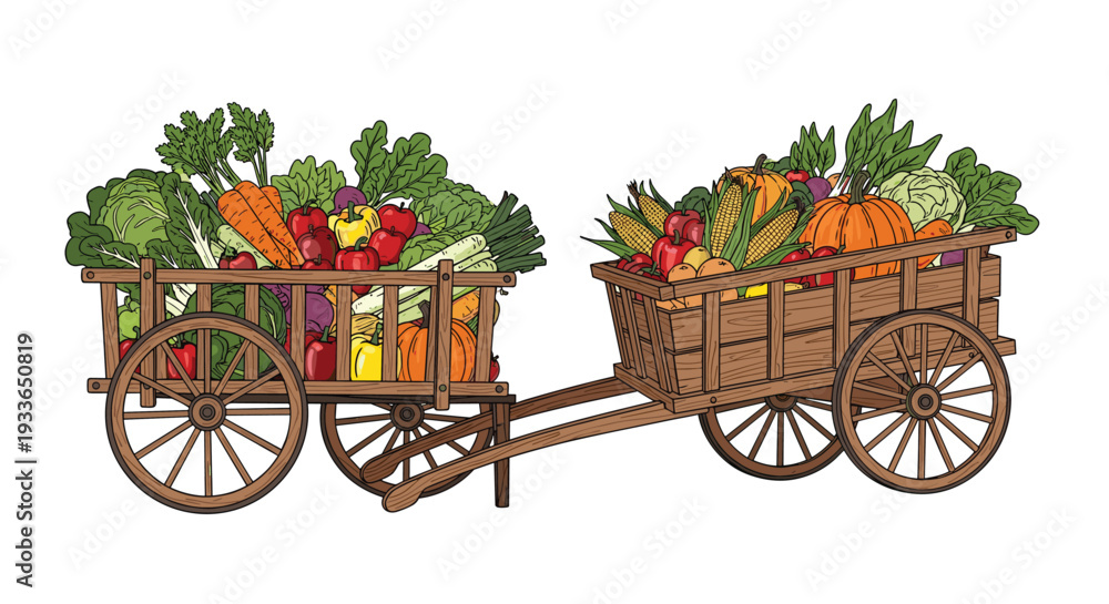 Fototapeta premium Two traditional wooden carts overflow with a colorful variety of fresh organic vegetables including carrots, pumpkins, and leafy greens.