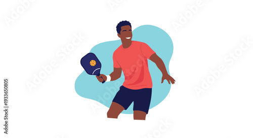 Athletic man in a red t-shirt and dark shorts playing pickleball while holding a paddle and smiling on a bright teal background.