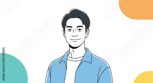 Friendly young man with dark hair wearing a casual blue shirt over a white t-shirt smiling against a clean white background with accents.