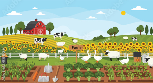 Picturesque farm scene featuring a red barn, grazing cows, sheep, geese, sunflowers, and rows of growing vegetables under a sunny sky.