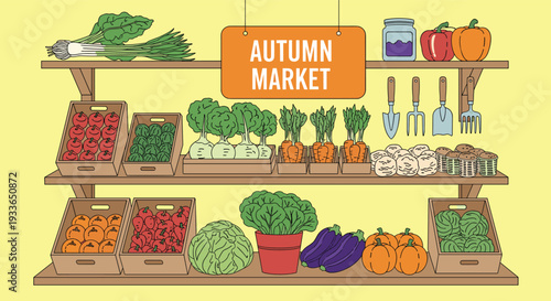 Autumn market display features wooden shelves stocked with various fresh vegetables, pumpkins, and gardening tools on a yellow background.