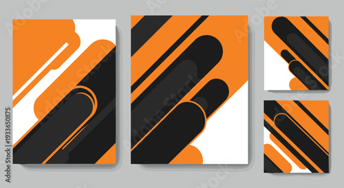 Abstract graphic design featuring a series of bold orange, black, and white diagonal shapes and rounded stripes for a modern aesthetic.