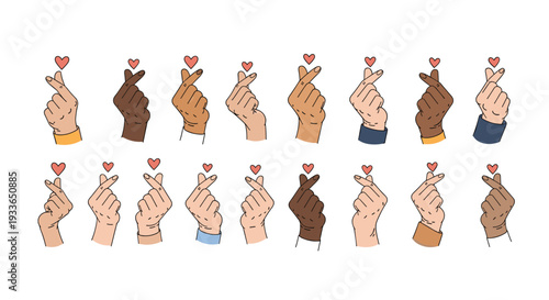 Diverse collection of hands with various skin tones making the finger heart gesture, symbolizing love and appreciation in a vector style.
