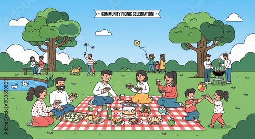 Community picnic celebration with people enjoying food and outdoor activities in a park