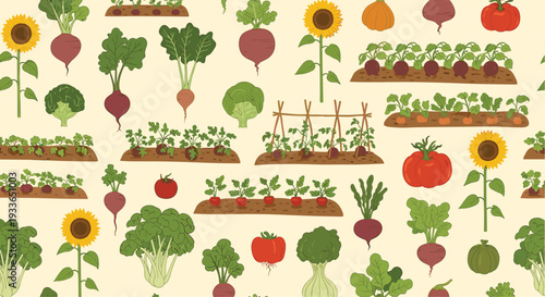 Seamless pattern design featuring various garden vegetables like beets, tomatoes, and broccoli mixed with bright yellow sunflowers.