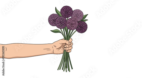 Single hand reaching out to hold a beautiful bouquet of round purple flowers on long green stems against a clean white background.