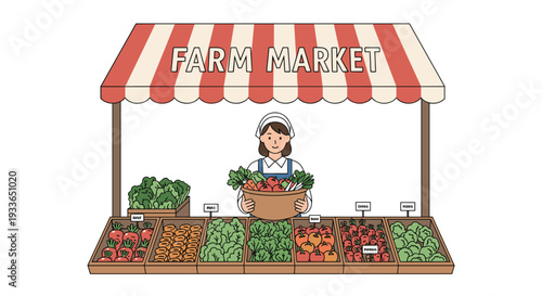 Cheerful market vendor standing behind a farm stall filled with crates of fresh carrots, greens, and tomatoes under a striped awning.