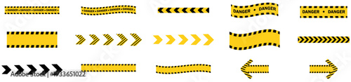 Industrial warning tape elements with danger text arrows and hazard stripes. Safety warning tape for industrial areas. Caution tape with arrow direction signs. warning, caution, stripe, vector, icons
