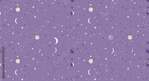 Pixel art seamless pattern of outer space featuring various planets, moons, stars, and celestial bodies on a dark purple background.