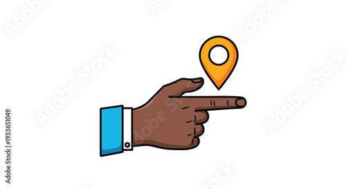 Dark skinned hand with a blue cuff pointing its index finger towards a bright orange location pin icon against a white background.