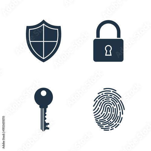 Security Icons - Shield, Lock, Key, Fingerprint for Data Protection.