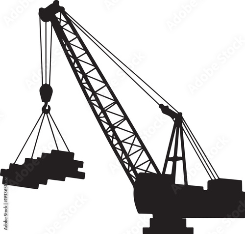 Black silhouette of a construction crane lifting a load