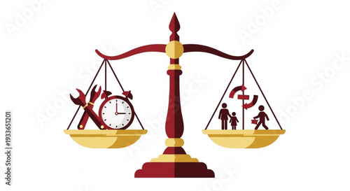 Balance between work and family life illustrated with scale tools clock and family members on opposite sides symbolizing work life balance concept