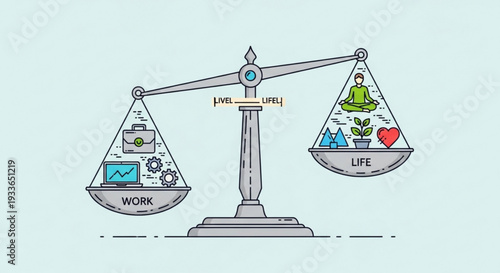 Work life balance scale with icons representing productivity and personal life on either side