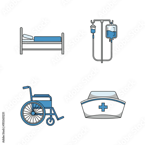 Set of Medical Icons - Hospital Bed, IV Drip, Wheelchair, Nurse Cap.
