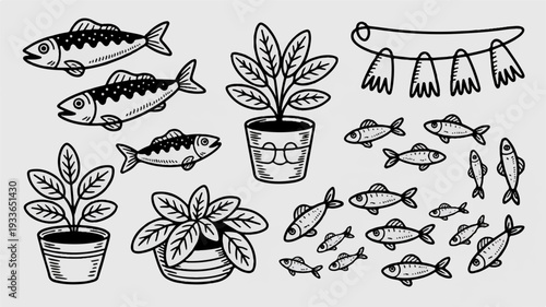 Fish swimming around potted plants in water with fishing net on light gray background