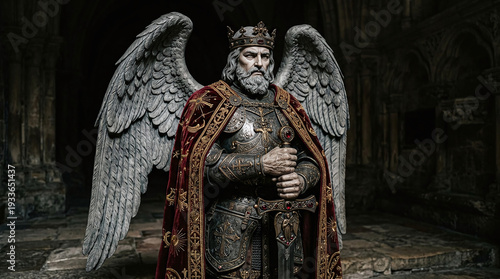 A winged king in ornate armor and a jeweled crown holds a sword, standing in a dark, stone interior with arched architecture.