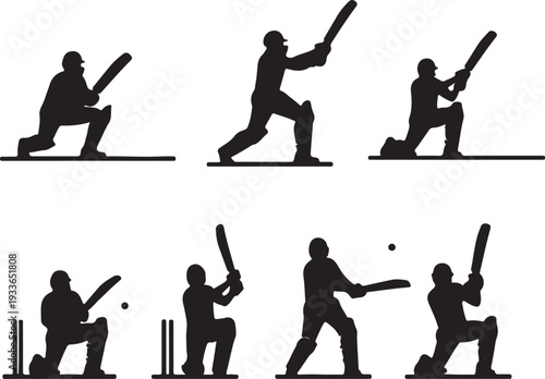 Cricket player silhouettes in various batting poses, showcasing the dynamic action of the sport, from stance to swing, for graphic design and sports themes