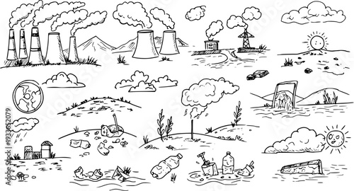 Environmental Pollution Sketch: Factory, Waste, and Climate Change Doodles