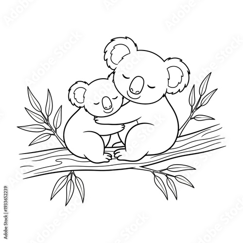 Adorable Koala Mother and Baby Hugging on a Tree Branch.