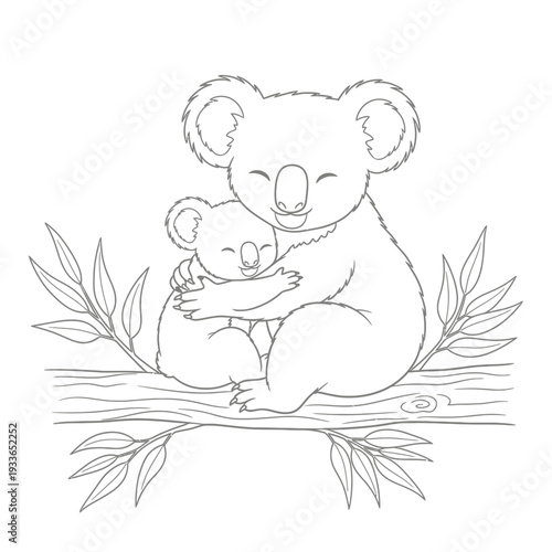 Adorable Koala Mother and Baby Hugging on a Tree Branch Line Art.