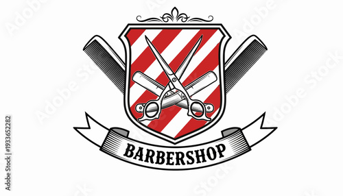 Barbershop emblem with crossed scissors and straight razors.