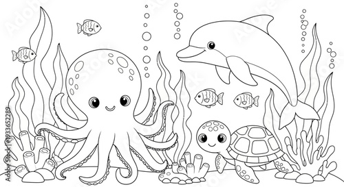 Adorable Underwater Friends - Octopus, Dolphin, and Turtle Coloring Page.