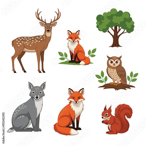 Collection of Forest Animals and Tree Illustration.