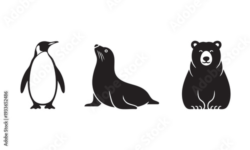 Polar animals set with penguin seal and bear silhouettes