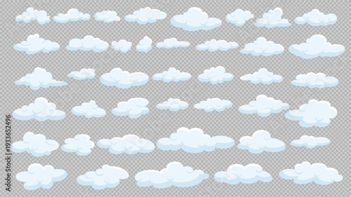 Collection of fluffy white clouds on transparent background vector illustration