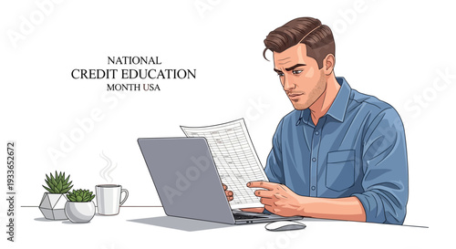 A man in a blue shirt reviews a credit report on his laptop during National Credit Education Month, with a cup of coffee and plants nearby, conveying a sense of financial literacy and