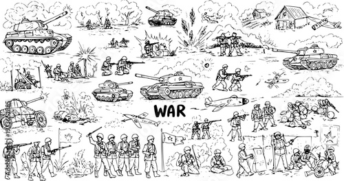 War Scene Illustration: Hand-Drawn Sketch of Battle, Tanks, Soldiers  Aircraft