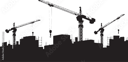 Black silhouette of city skyline with construction cranes