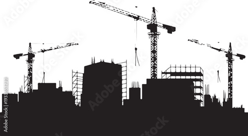 Black silhouette of city skyline with construction cranes and