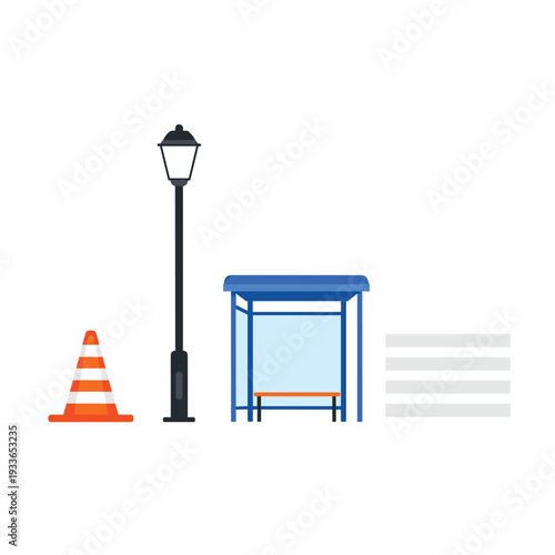 Bus Stop Elements Collection Vector Illustration.