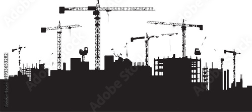 Black silhouette of city skyline with construction cranes