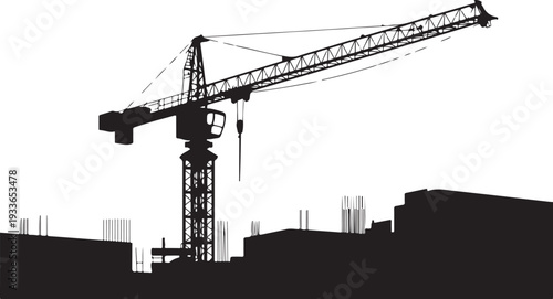 Black silhouette of construction crane and buildings