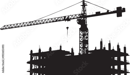 Black silhouette of construction crane and building